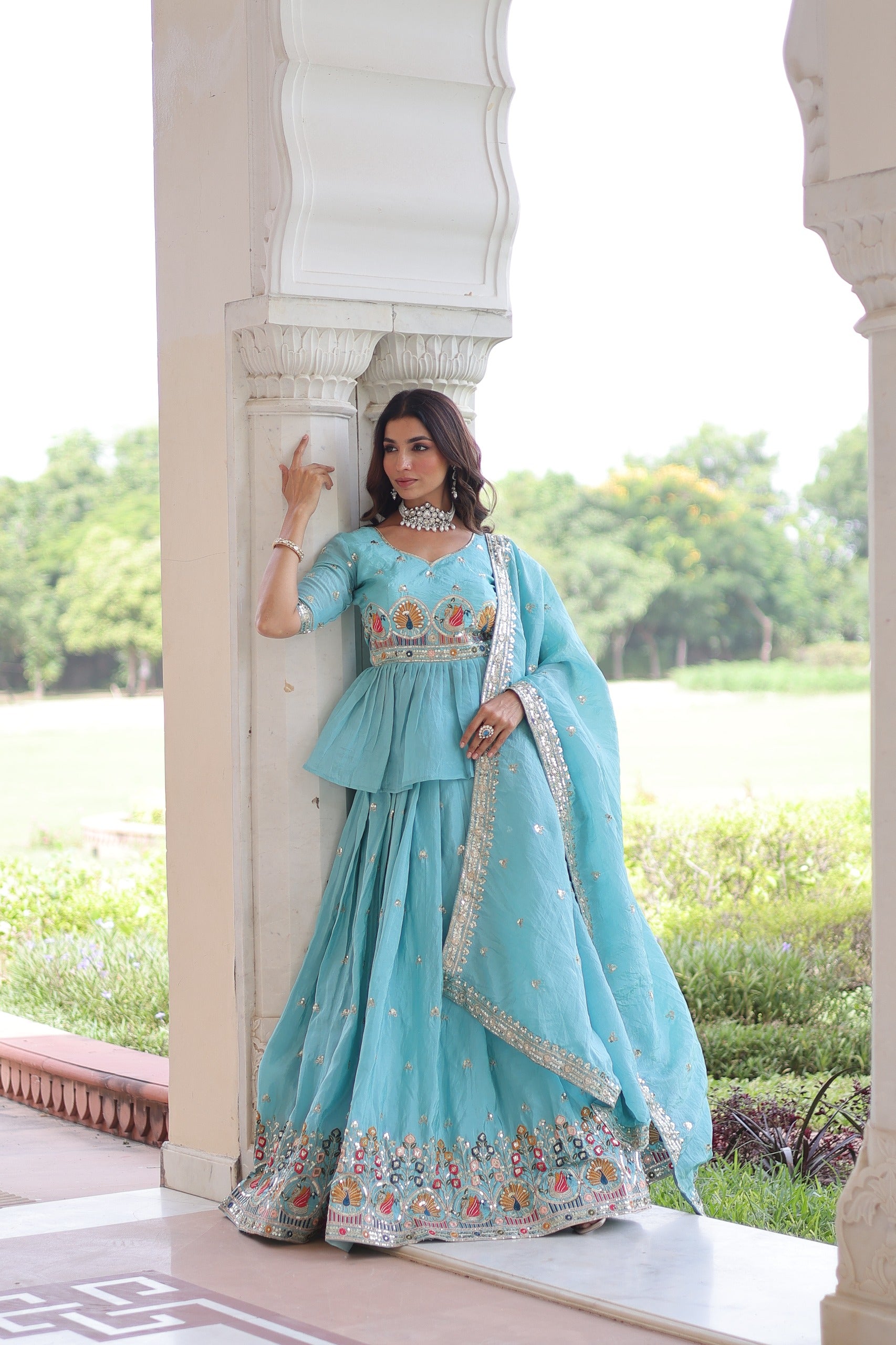 Prazu Fashion Sky Blue Gold Crush With Multi Thread Embroidery Lehenga Choli