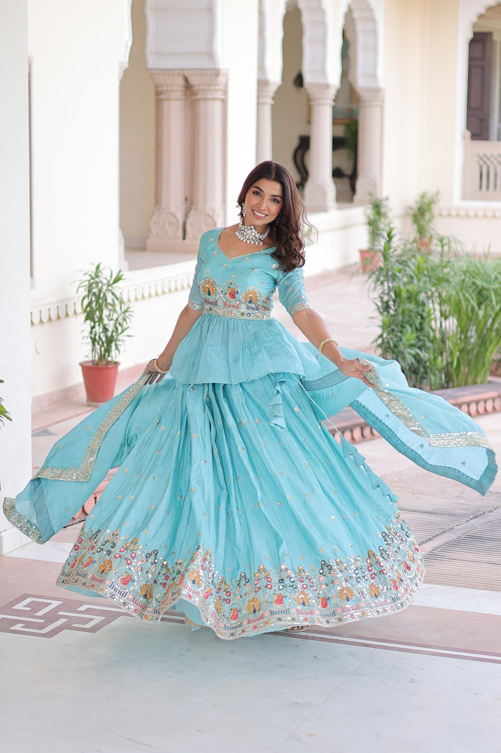 Prazu Fashion Sky Blue Gold Crush With Multi Thread Embroidery Lehenga Choli
