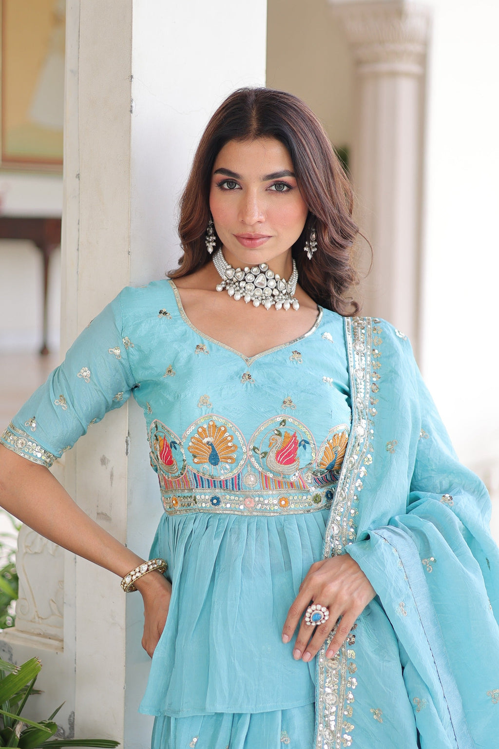 Prazu Fashion Sky Blue Gold Crush With Multi Thread Embroidery Lehenga Choli