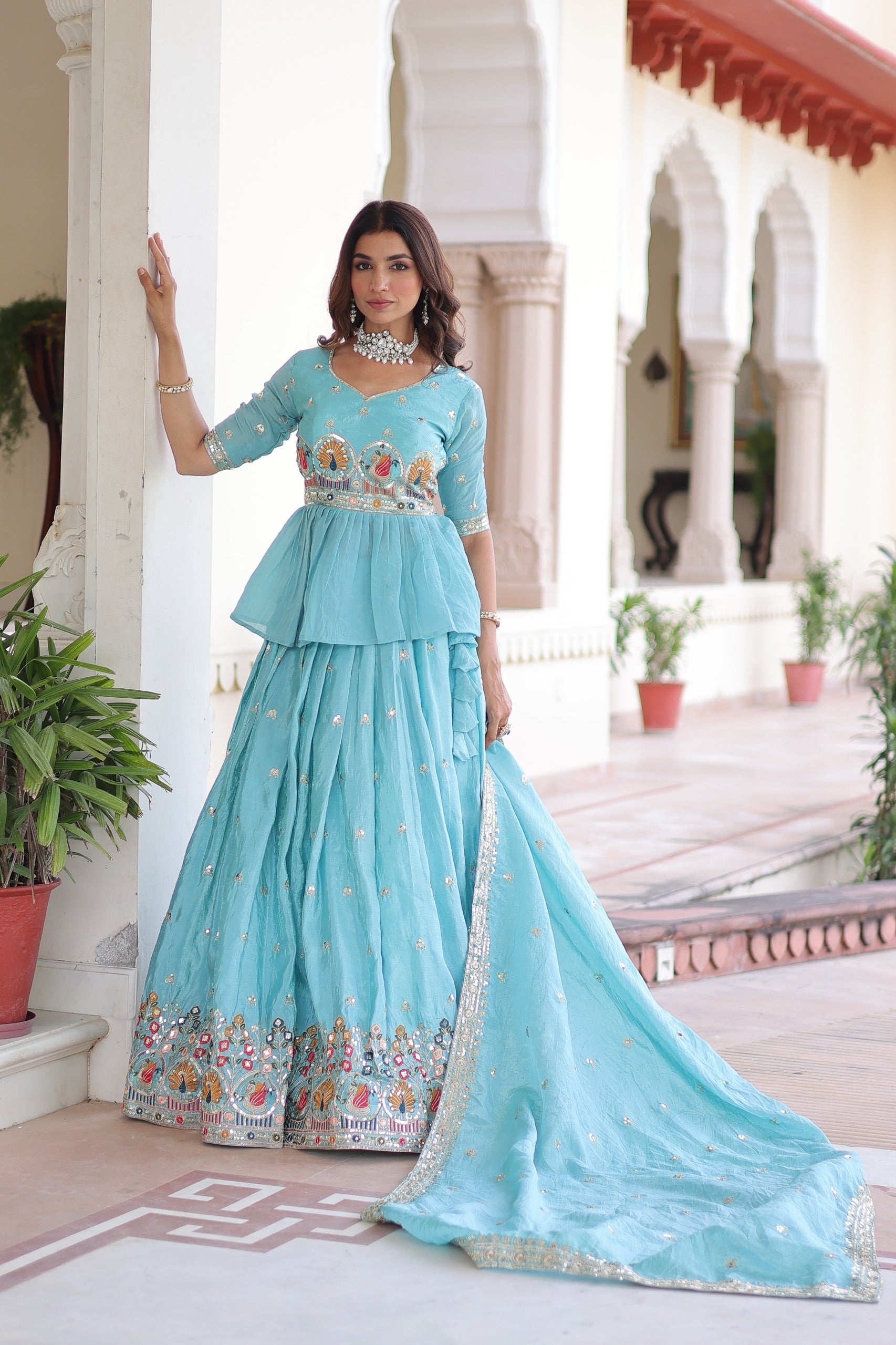 Prazu Fashion Sky Blue Gold Crush With Multi Thread Embroidery Lehenga Choli