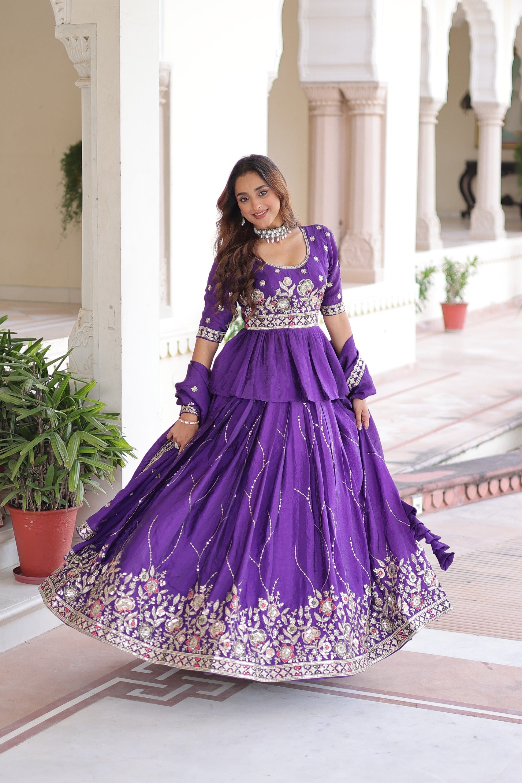 Prazu Fashion Violet Gold Crush With Multi Thread Embroidery Lehenga Choli