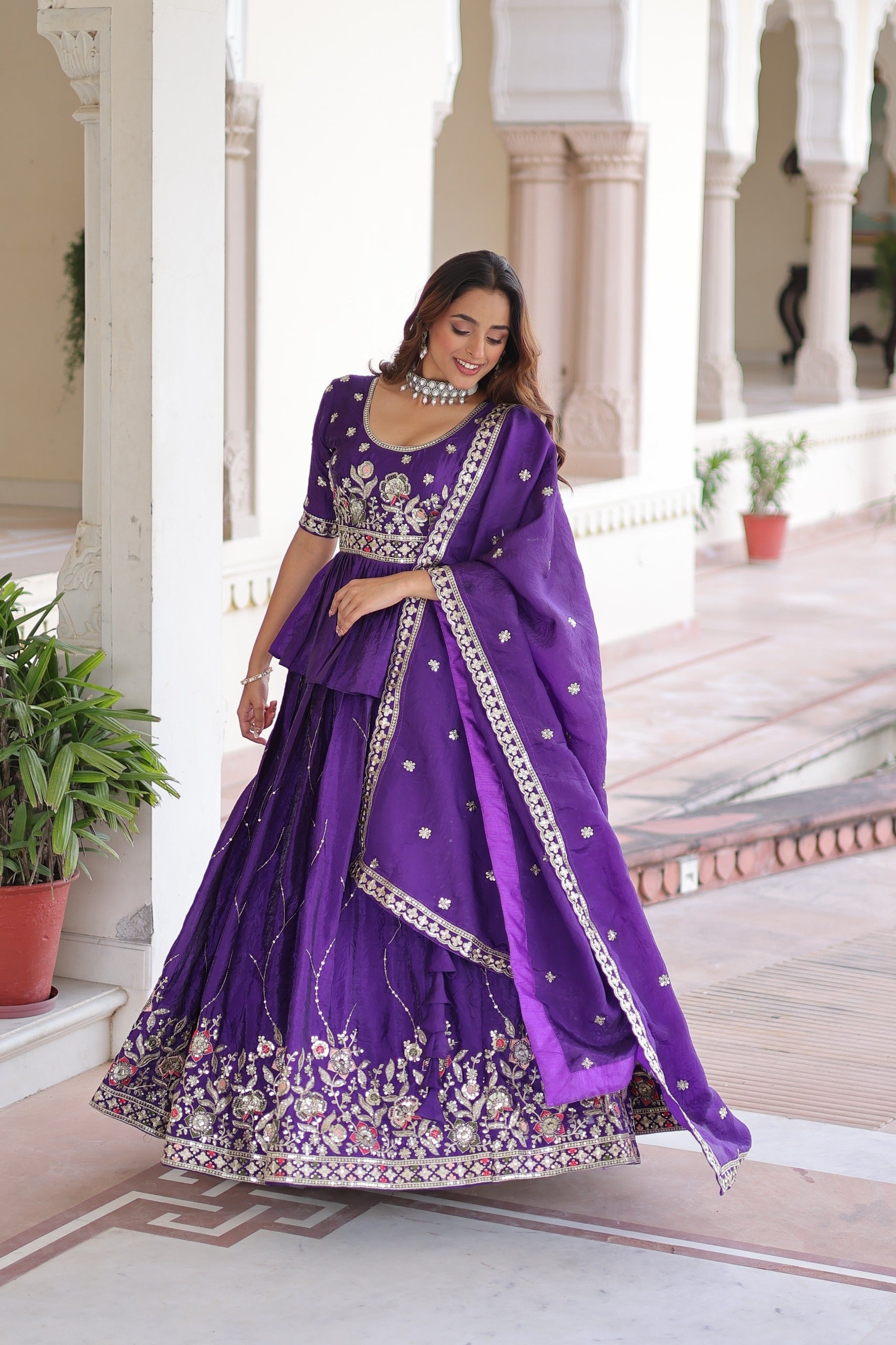 Prazu Fashion Violet Gold Crush With Multi Thread Embroidery Lehenga Choli