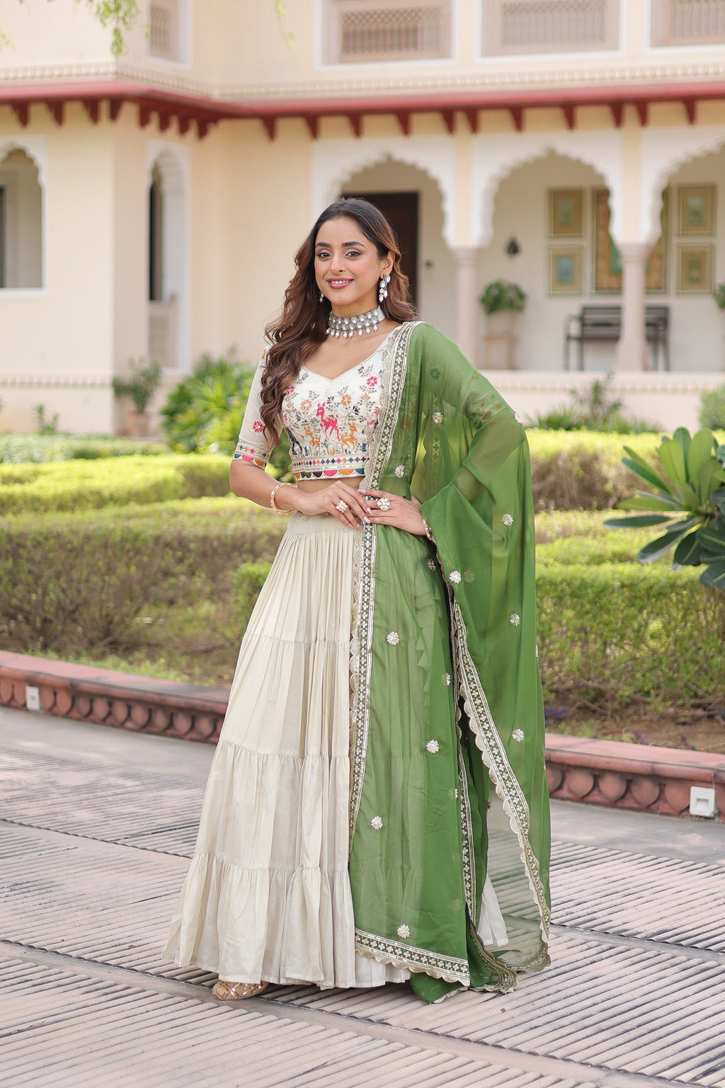 Prazu Fashion Off White Cosmos Silk With Standard Frill Stitching Embroidered Lehenga Choli