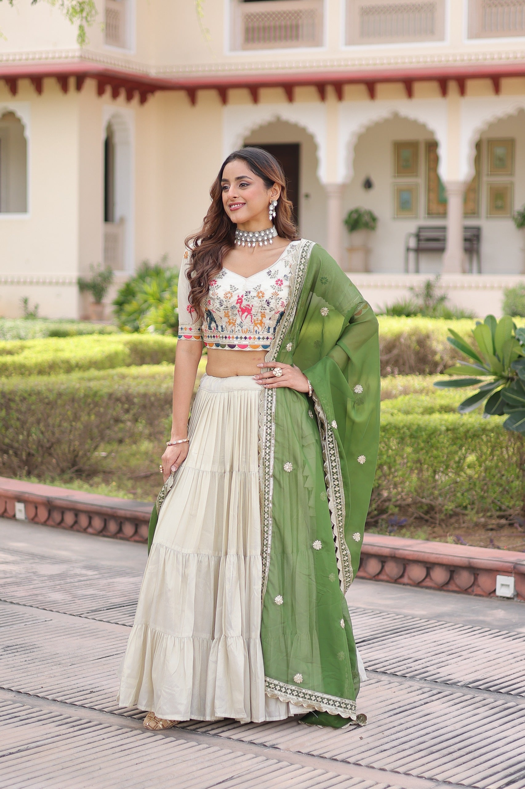 Prazu Fashion Off White Cosmos Silk With Standard Frill Stitching Embroidered Lehenga Choli