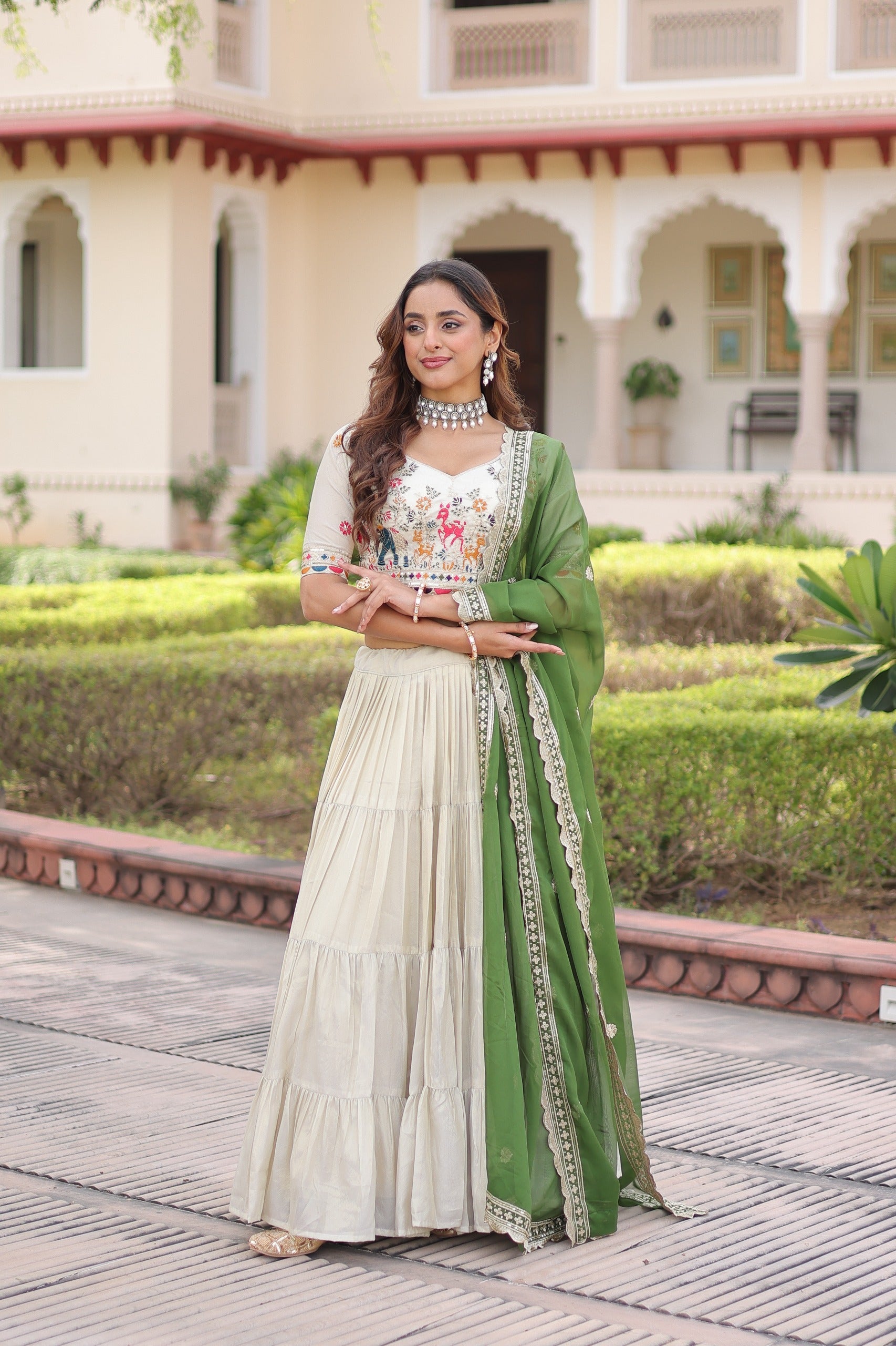 Prazu Fashion Off White Cosmos Silk With Standard Frill Stitching Embroidered Lehenga Choli