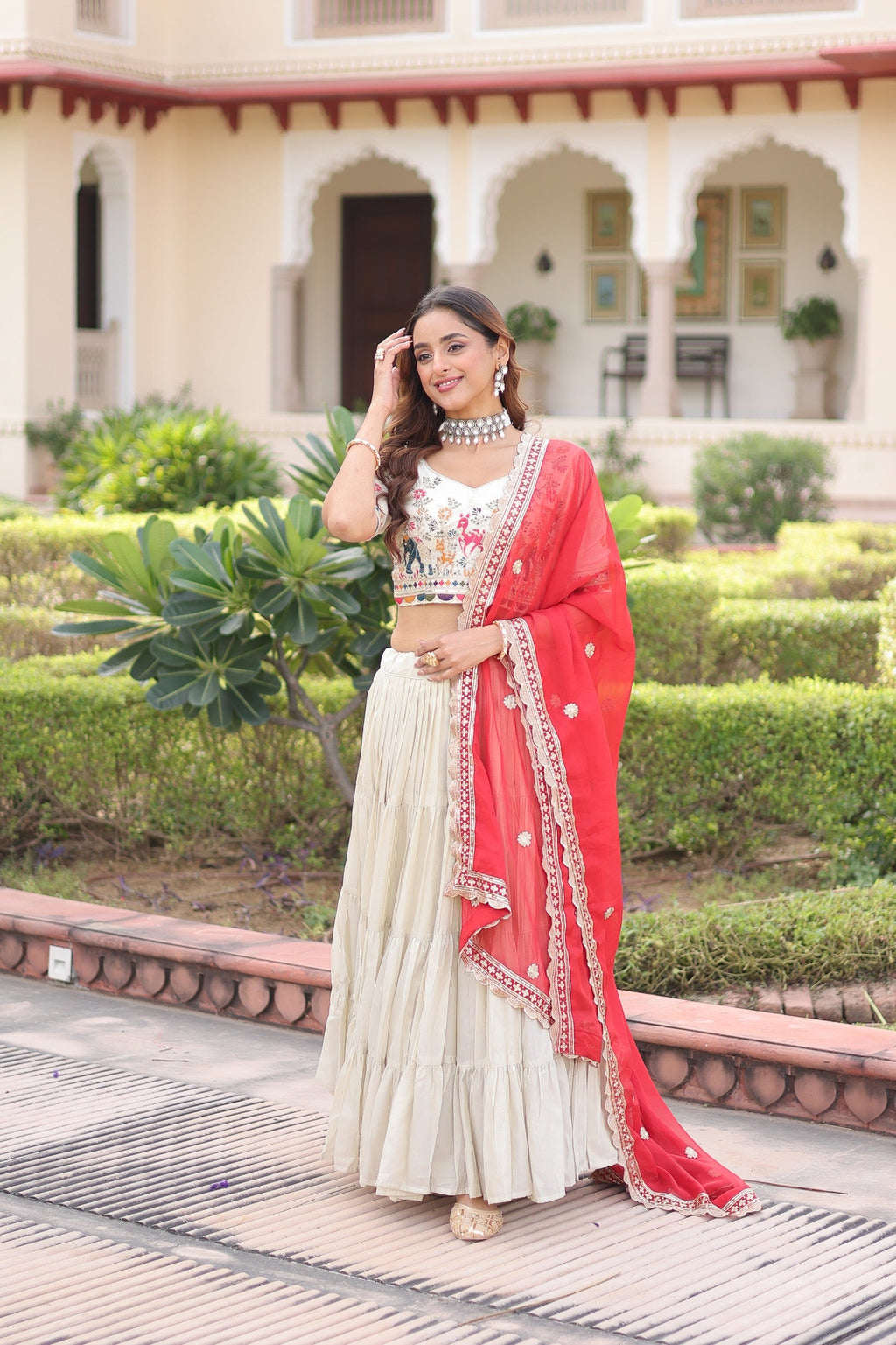 Prazu Fashion Off White Cosmos Silk With Standard Frill Stitching Embroidered Lehenga Choli