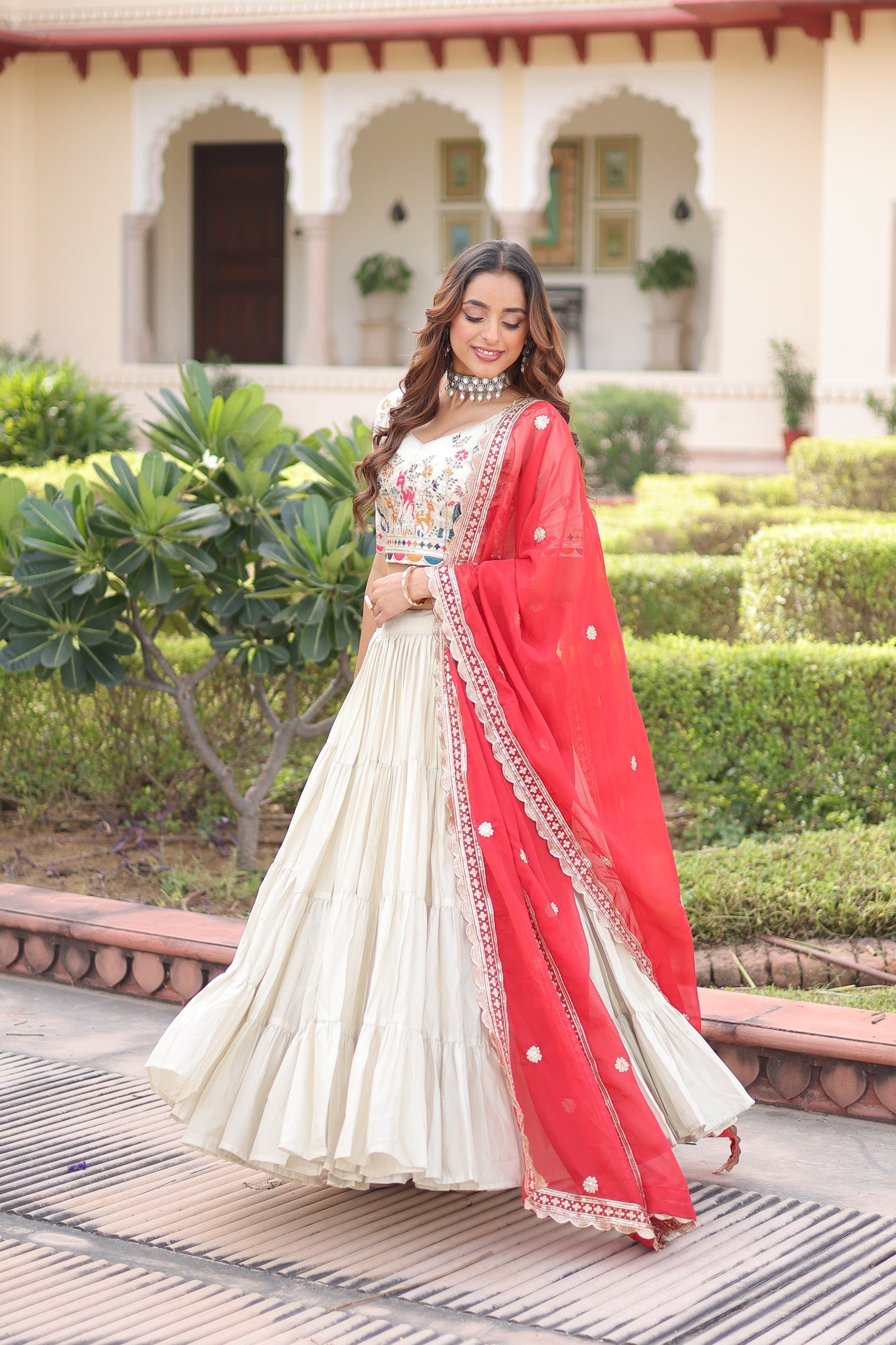 Prazu Fashion Off White Cosmos Silk With Standard Frill Stitching Embroidered Lehenga Choli