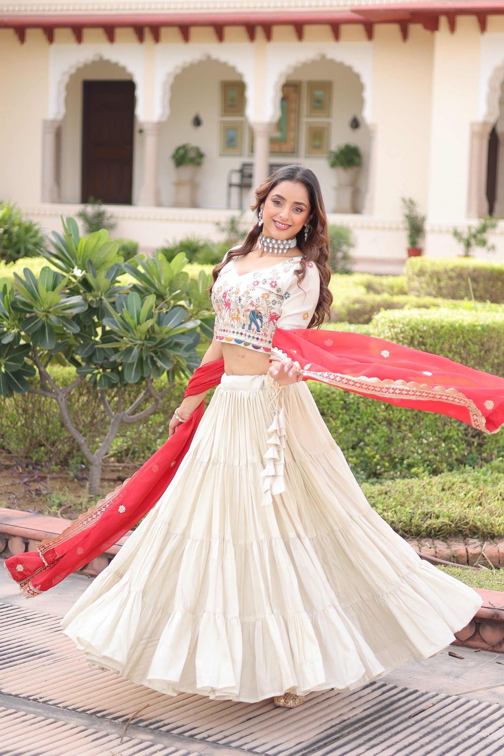 Prazu Fashion Off White Cosmos Silk With Standard Frill Stitching Embroidered Lehenga Choli