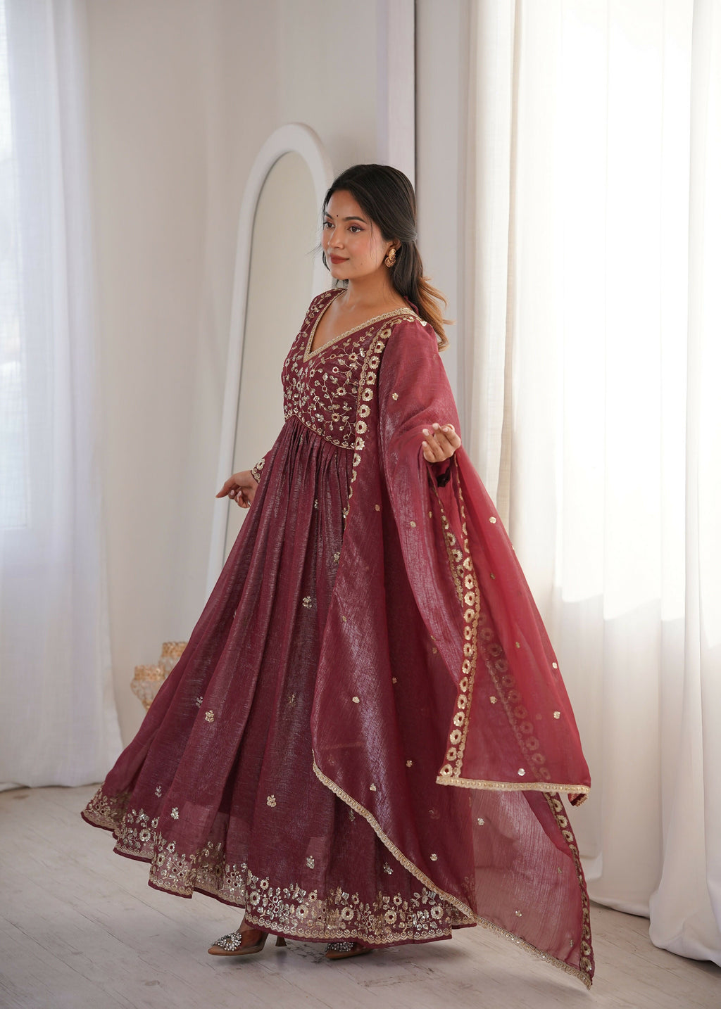 Teeya Creation Brown Crunchy Silk Wedding Wear Embroidery Work Design Gown