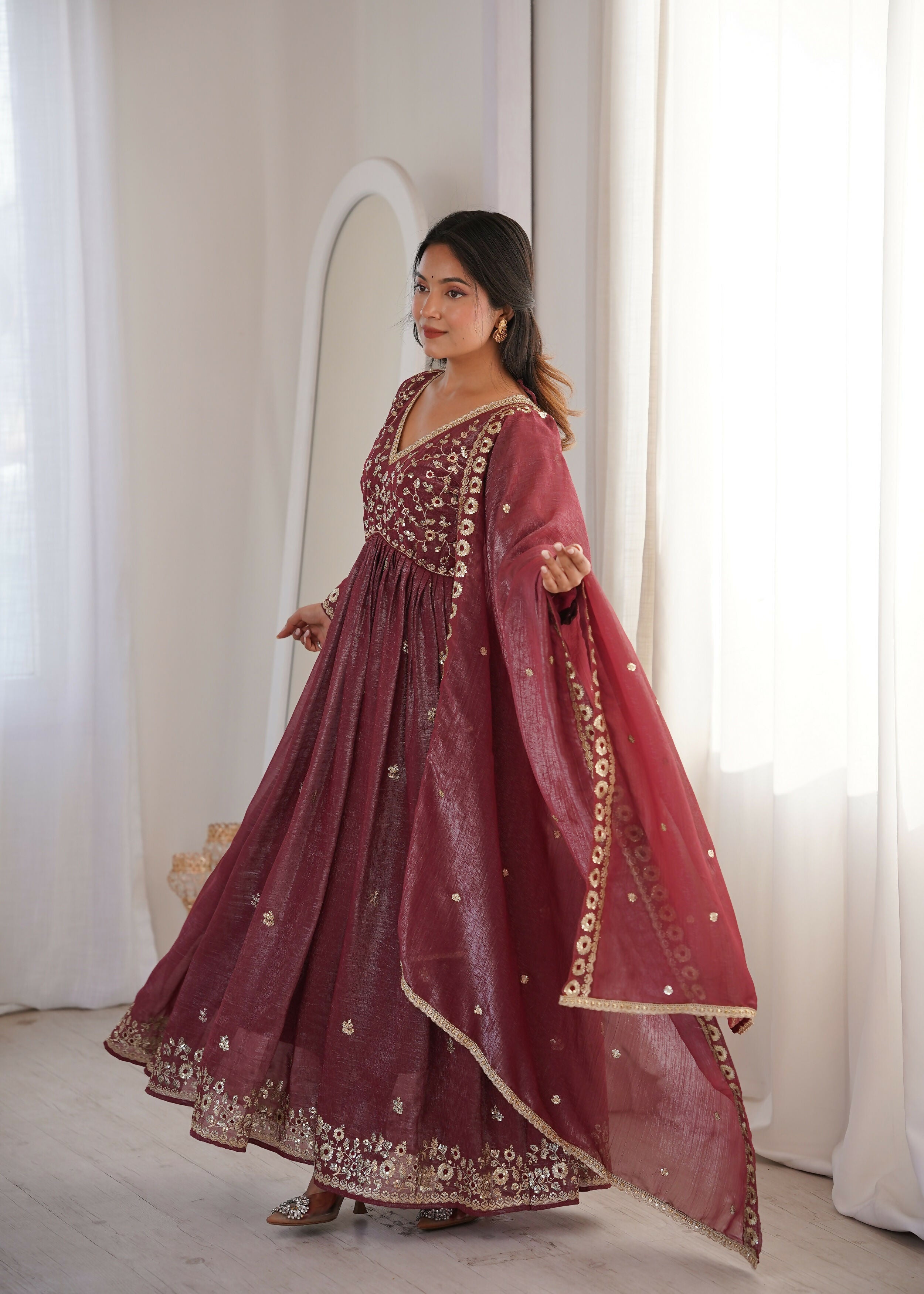 Teeya Creation Brown Crunchy Silk Wedding Wear Embroidery Work Design Gown