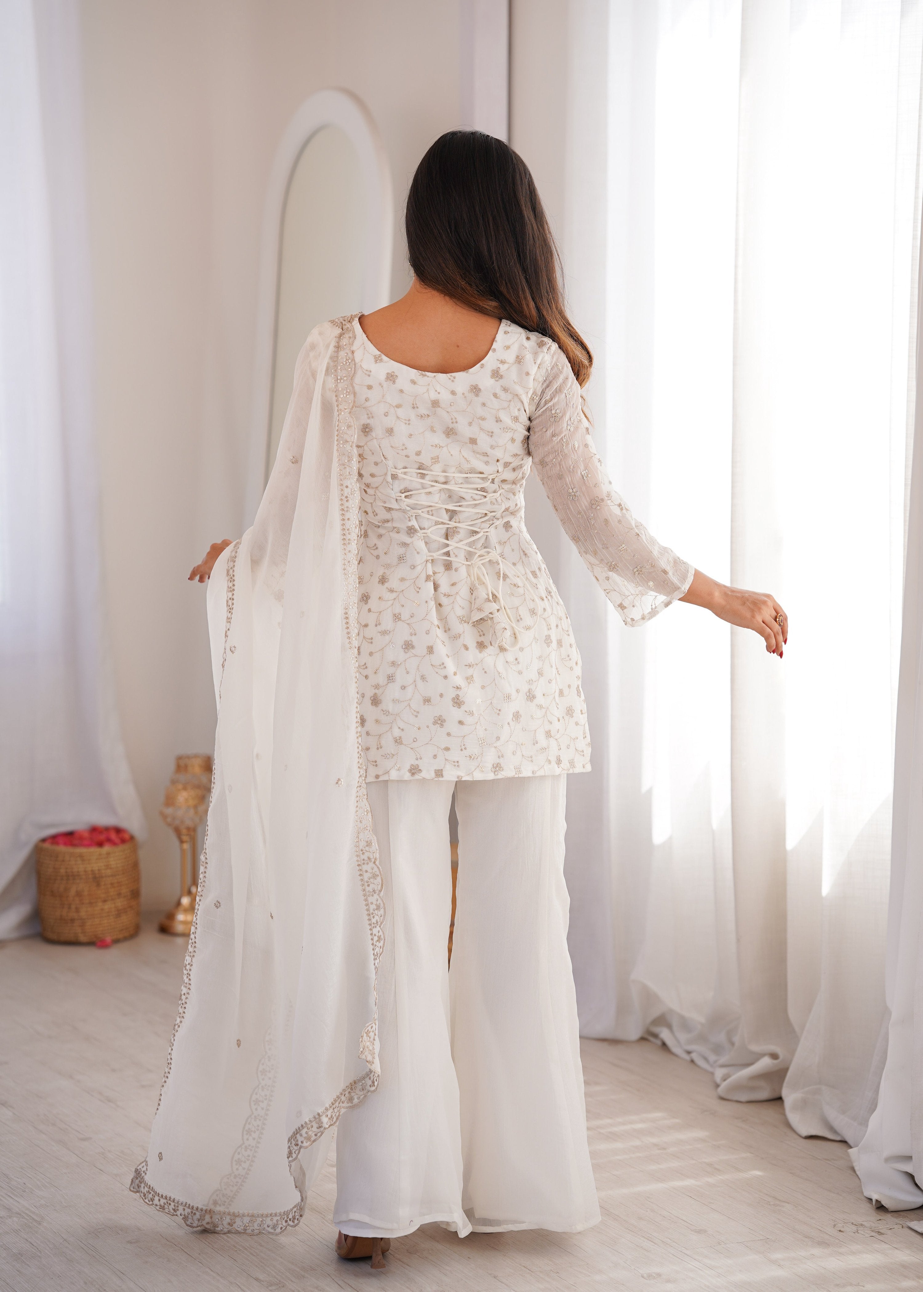Lehenga Mart Designer Suit With Kurta Palazzo Dupatta For Women-Off-White