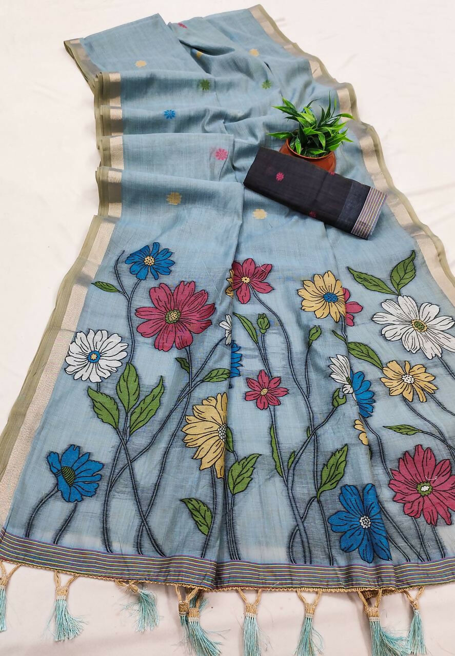 Vastranavya Sky Blue Muga Cotton Meenakari & Azarakh Pallu Saree with Contrast Blouse