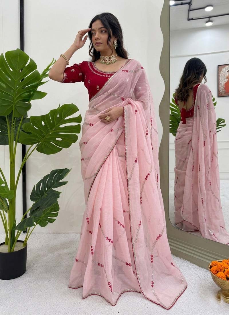 Prazu Fashion Baby Pink Thread Sequence Crunchy Silk Party Wear Saree