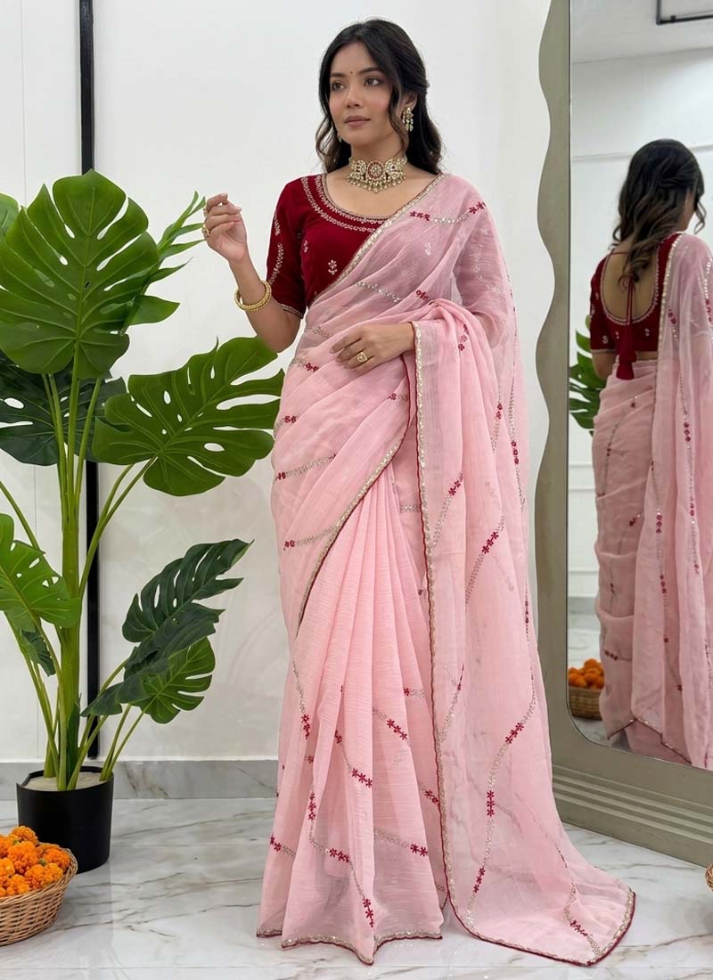 Prazu Fashion Baby Pink Thread Sequence Crunchy Silk Party Wear Saree