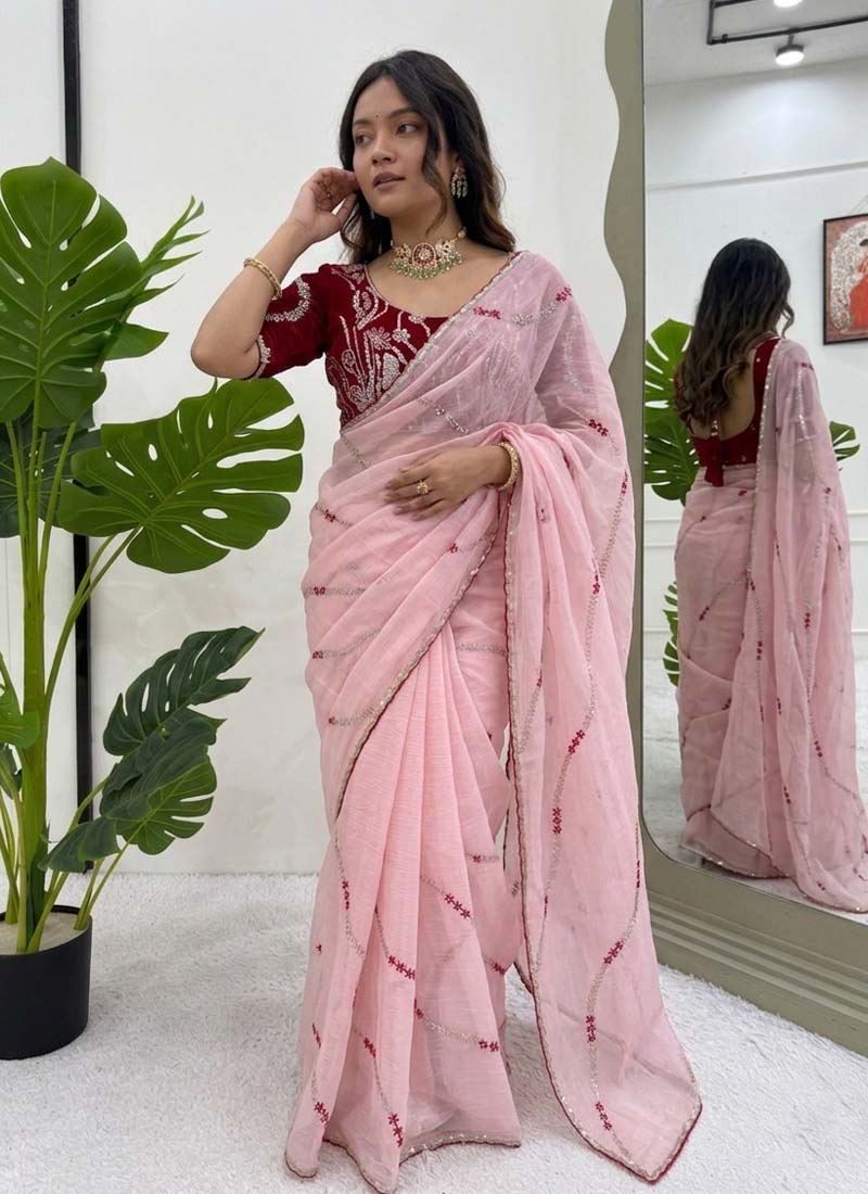 Prazu Fashion Baby Pink Thread Sequence Crunchy Silk Party Wear Saree