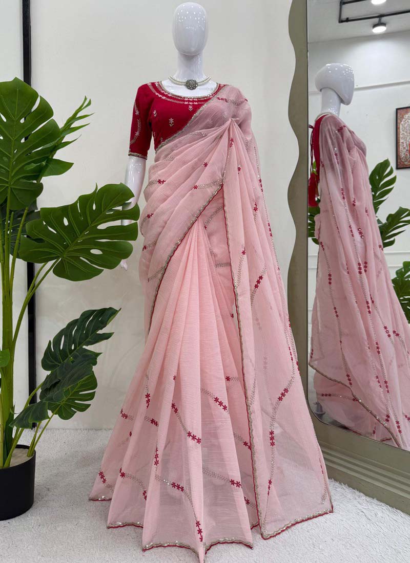 Prazu Fashion Baby Pink Thread Sequence Crunchy Silk Party Wear Saree