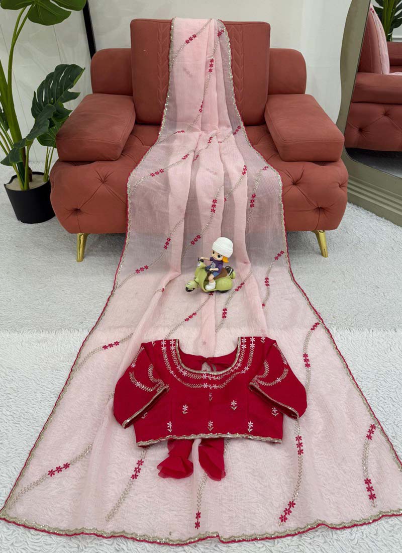 Prazu Fashion Baby Pink Thread Sequence Crunchy Silk Party Wear Saree