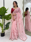 Prazu Fashion Baby Pink Thread Sequence Crunchy Silk Party Wear Saree