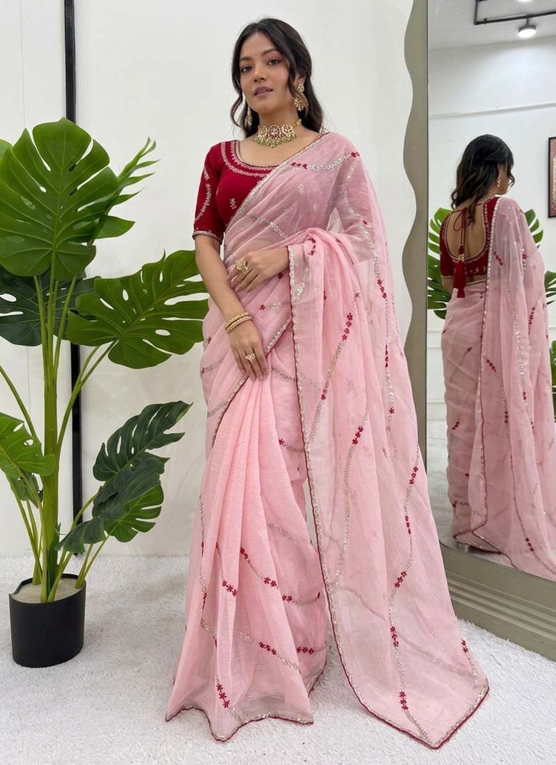 Prazu Fashion Baby Pink Thread Sequence Crunchy Silk Party Wear Saree