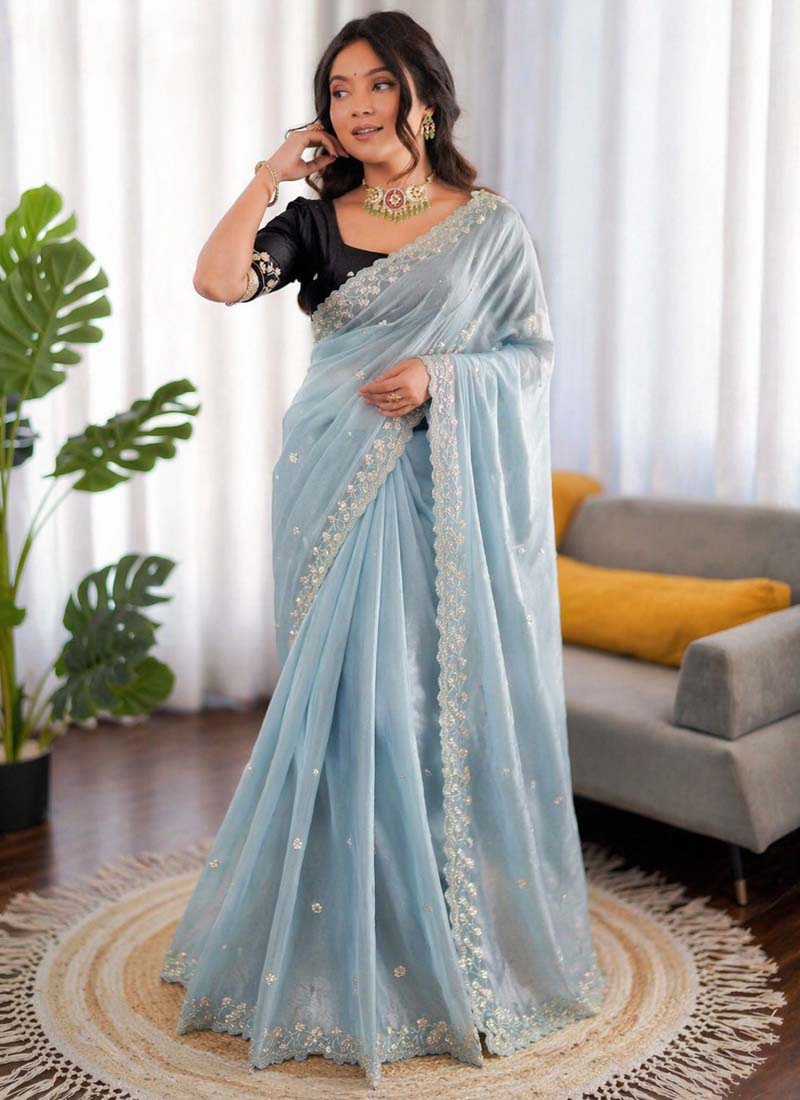 Prazu Fashion Sky Blue Sequence Beds Work Organza Silk Party Wear Saree