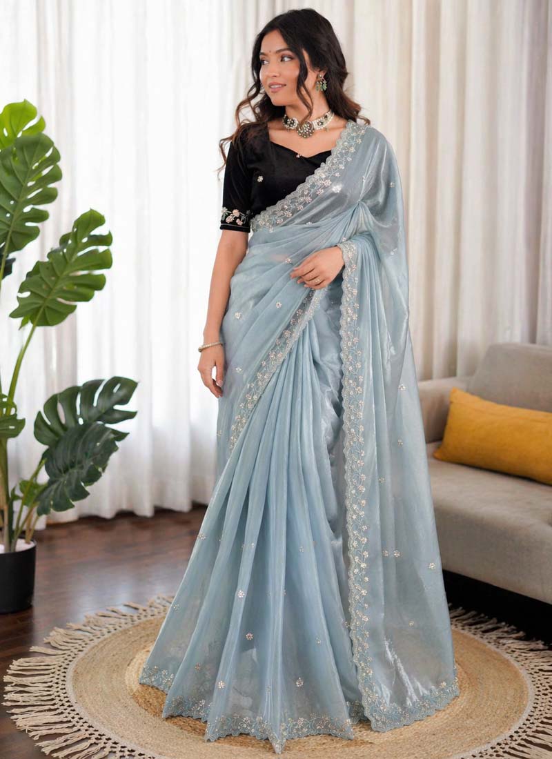 Prazu Fashion Sky Blue Sequence Beds Work Organza Silk Party Wear Saree