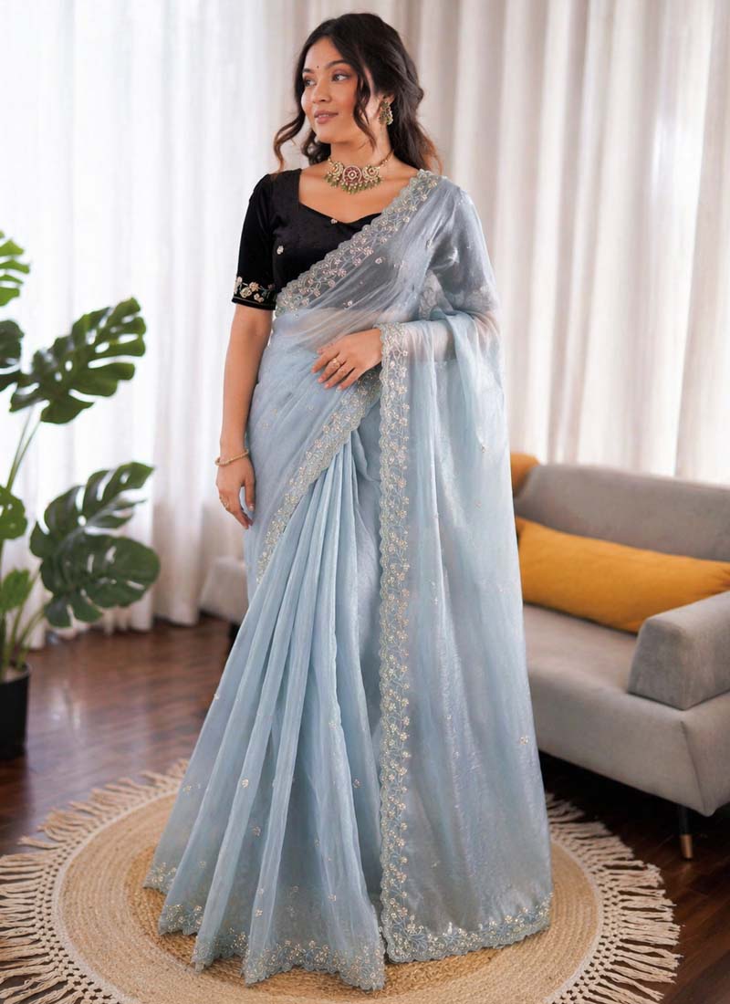 Prazu Fashion Sky Blue Sequence Beds Work Organza Silk Party Wear Saree