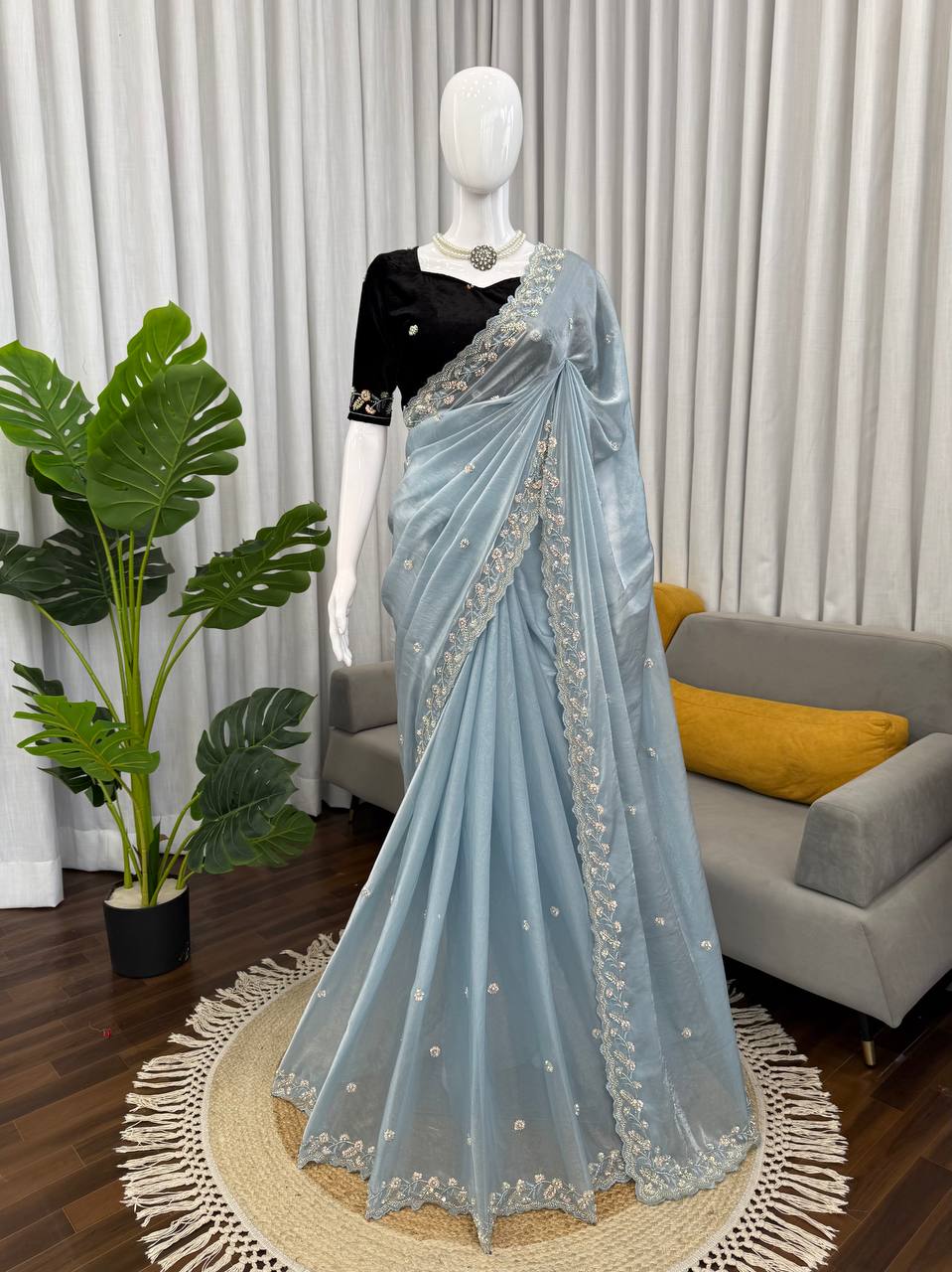 Prazu Fashion Sky Blue Sequence Beds Work Organza Silk Party Wear Saree
