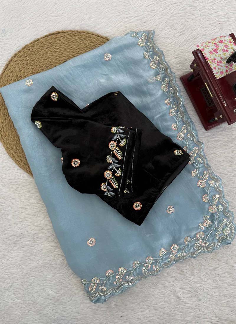 Prazu Fashion Sky Blue Sequence Beds Work Organza Silk Party Wear Saree