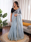 Prazu Fashion Sky Blue Sequence Beds Work Organza Silk Party Wear Saree