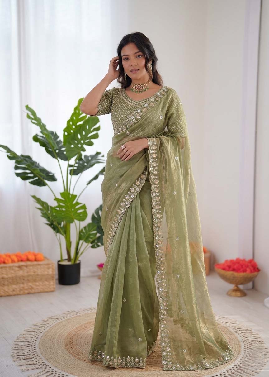 Prazu Fashion Mehendi Sequence Beds Work Organza Silk Party Wear Saree