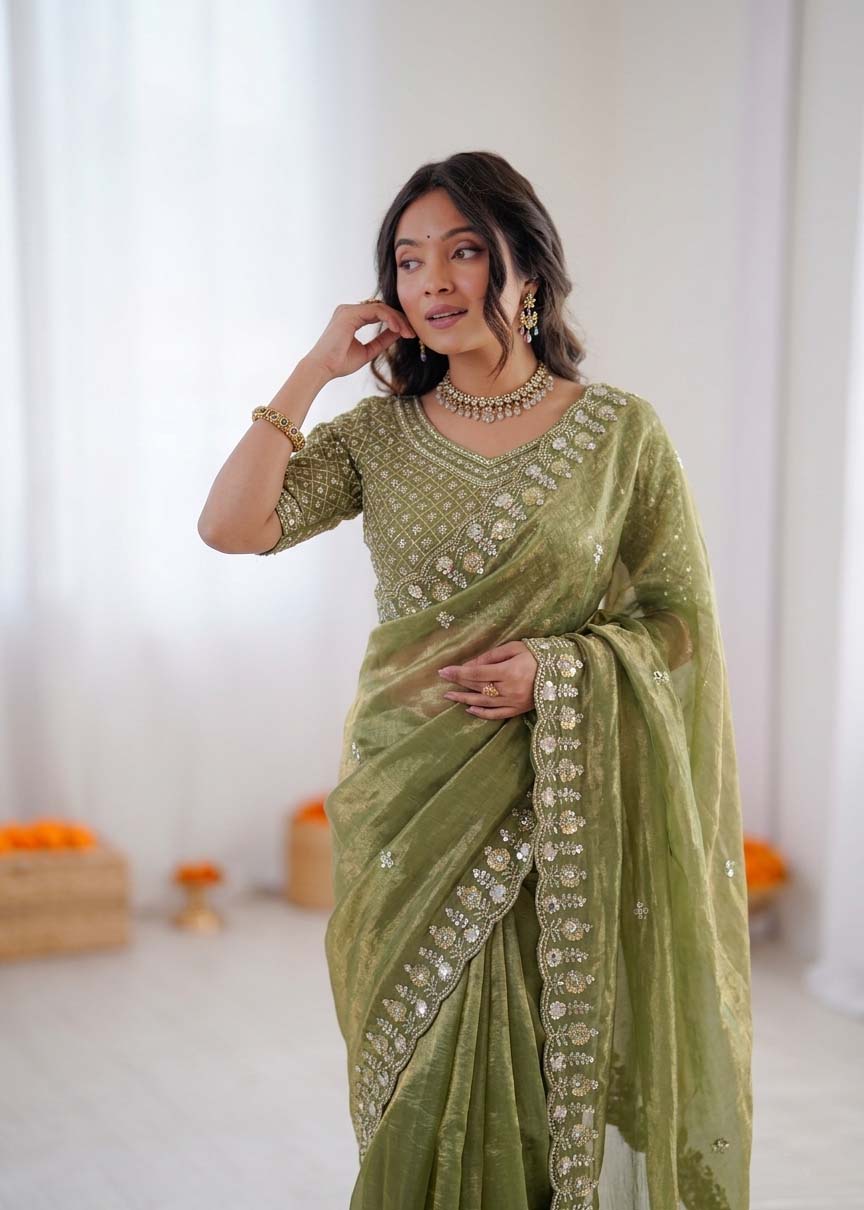 Prazu Fashion Mehendi Sequence Beds Work Organza Silk Party Wear Saree