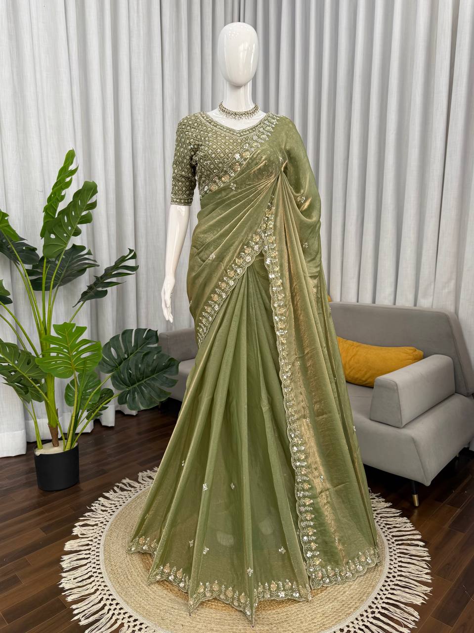 Prazu Fashion Mehendi Sequence Beds Work Organza Silk Party Wear Saree