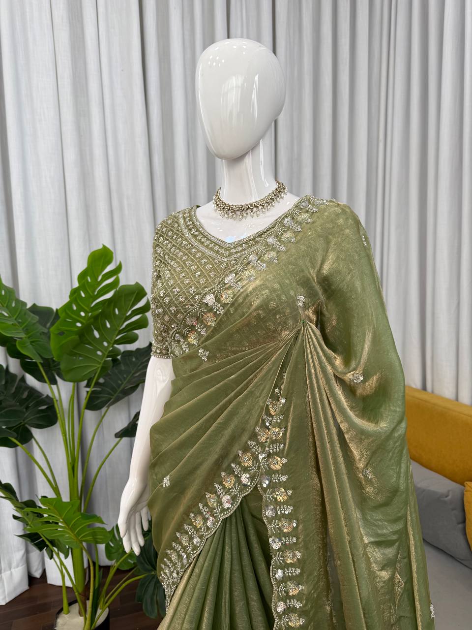 Prazu Fashion Mehendi Sequence Beds Work Organza Silk Party Wear Saree