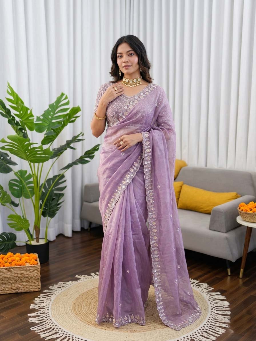 Prazu Fashion Lavender Sequence Beds Work Organza Silk Party Wear Saree