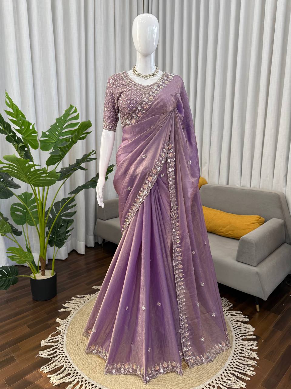Prazu Fashion Lavender Sequence Beds Work Organza Silk Party Wear Saree