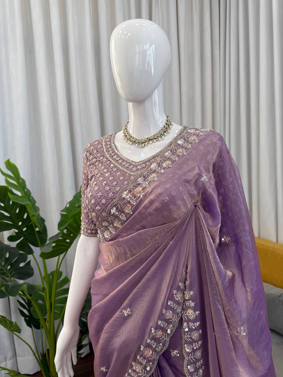 Prazu Fashion Lavender Sequence Beds Work Organza Silk Party Wear Saree