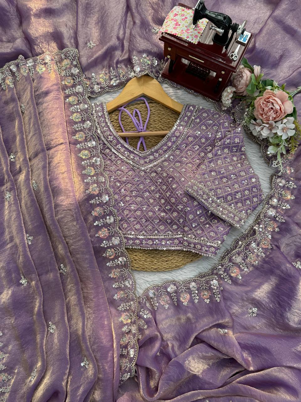 Prazu Fashion Lavender Sequence Beds Work Organza Silk Party Wear Saree