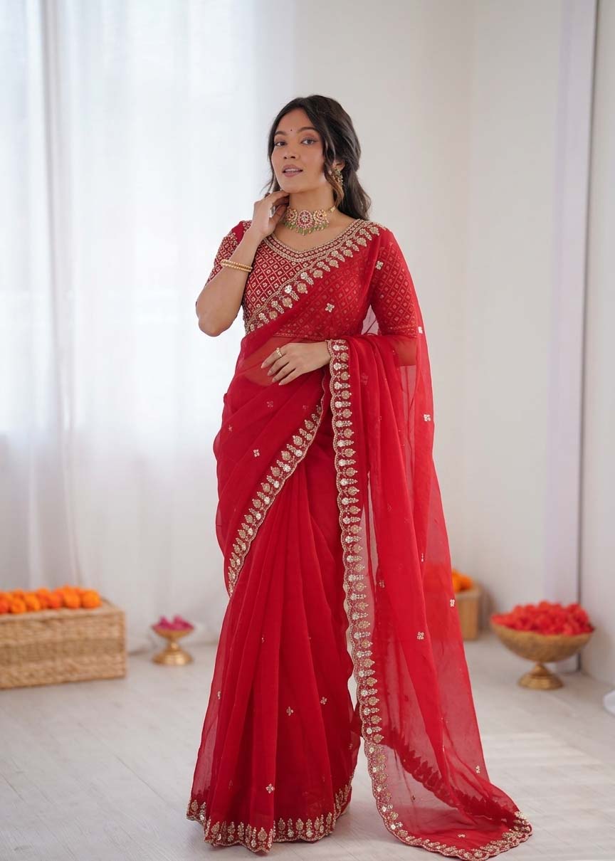 Prazu Fashion Red Sequence Beds Work Organza Silk Party Wear Saree