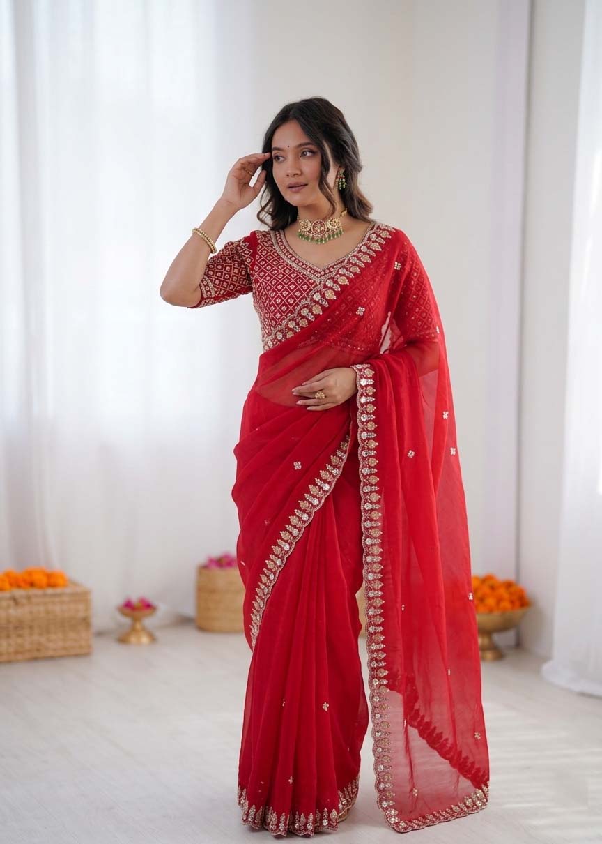 Prazu Fashion Red Sequence Beds Work Organza Silk Party Wear Saree