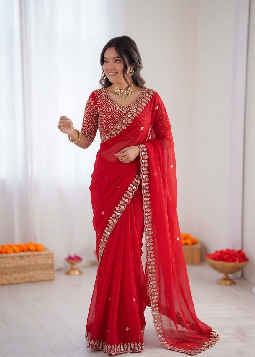 Prazu Fashion Red Sequence Beds Work Organza Silk Party Wear Saree