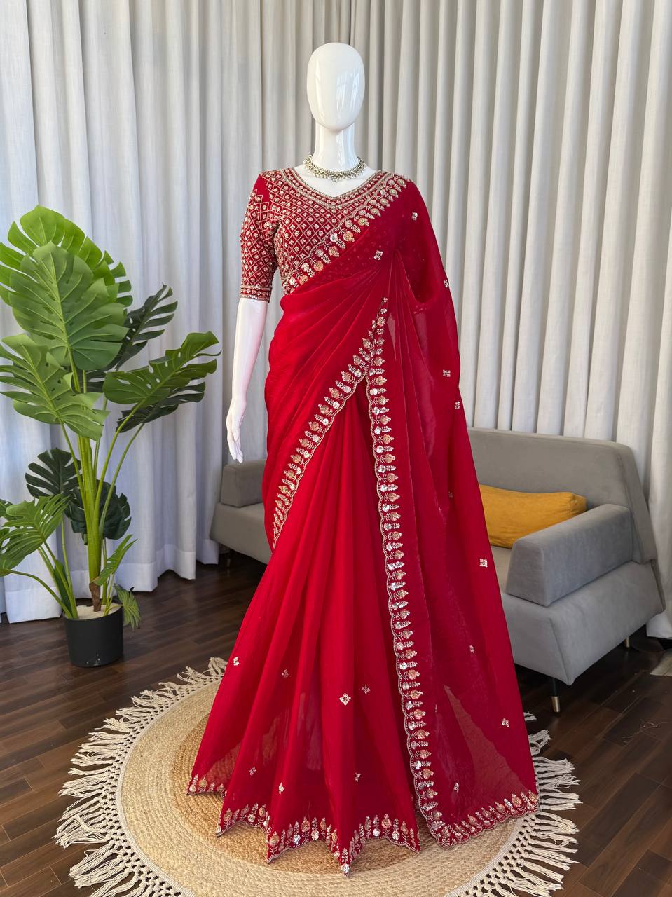 Prazu Fashion Red Sequence Beds Work Organza Silk Party Wear Saree