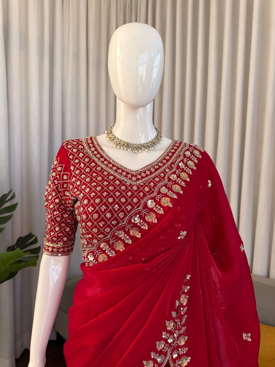 Prazu Fashion Red Sequence Beds Work Organza Silk Party Wear Saree