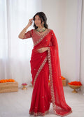 Prazu Fashion Red Sequence Beds Work Organza Silk Party Wear Saree