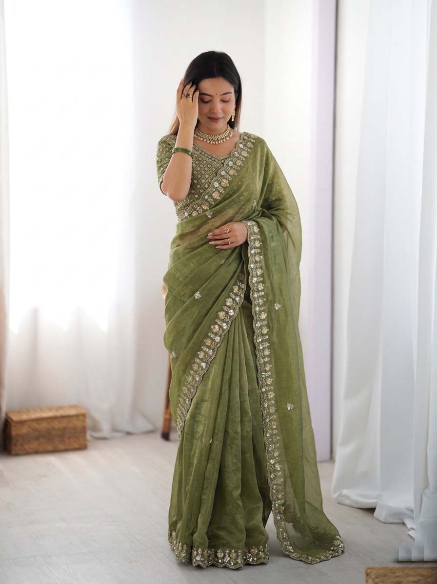 Prazu Fashion Mehendi Sequence Beds Work Organza Silk Party Wear Saree