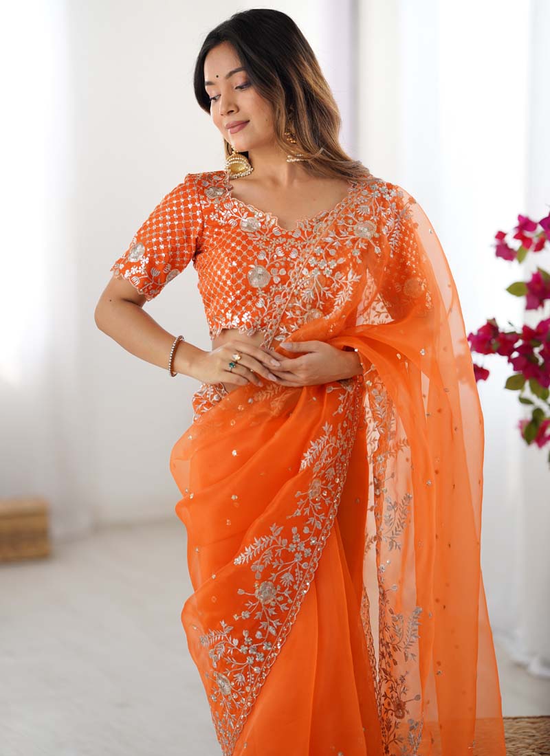 Prazu Fashion Orange Thread Sequence Organza Silk Party Wear Saree