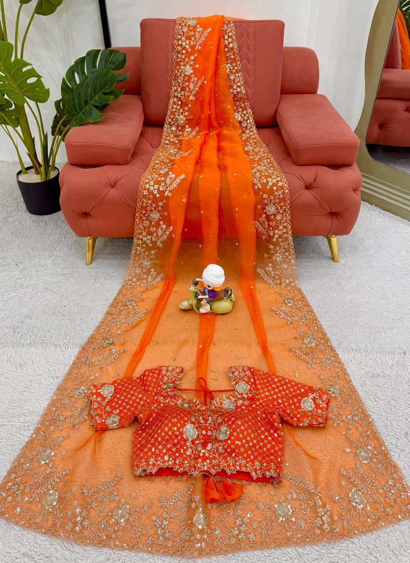 Prazu Fashion Orange Thread Sequence Organza Silk Party Wear Saree