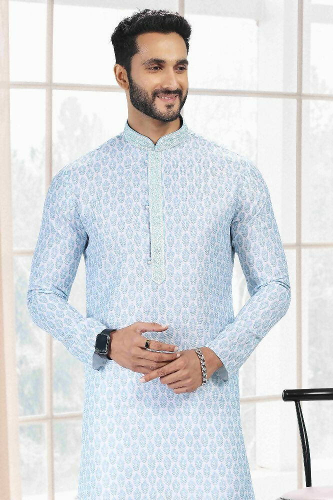 Raivat Ethnic Cotton Thread Work Kurta Pajama In Sky Blue Colour