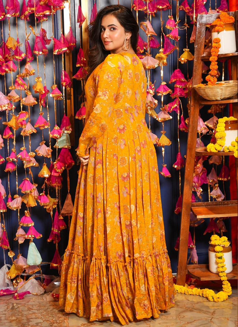 Vegaa Fashion Yellow Chinon Silk Digital Print Palazzo With Shrug Indo Western Suit