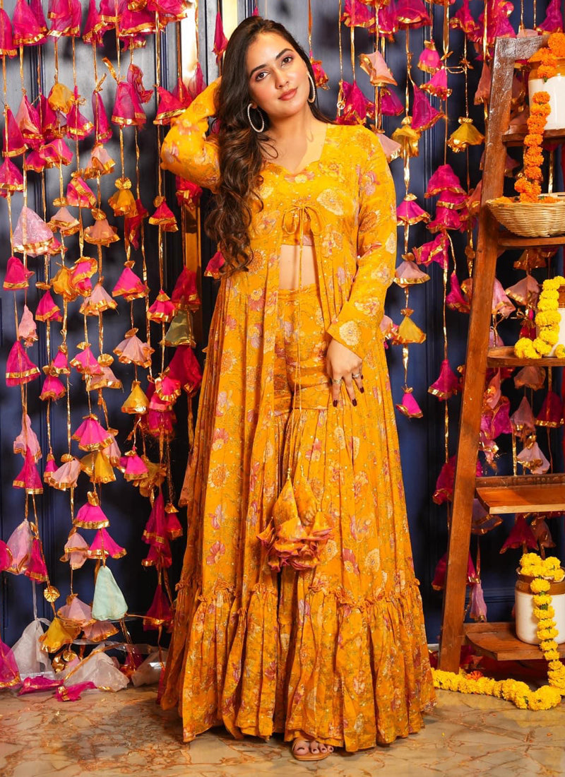 Vegaa Fashion Yellow Chinon Silk Digital Print Palazzo With Shrug Indo Western Suit