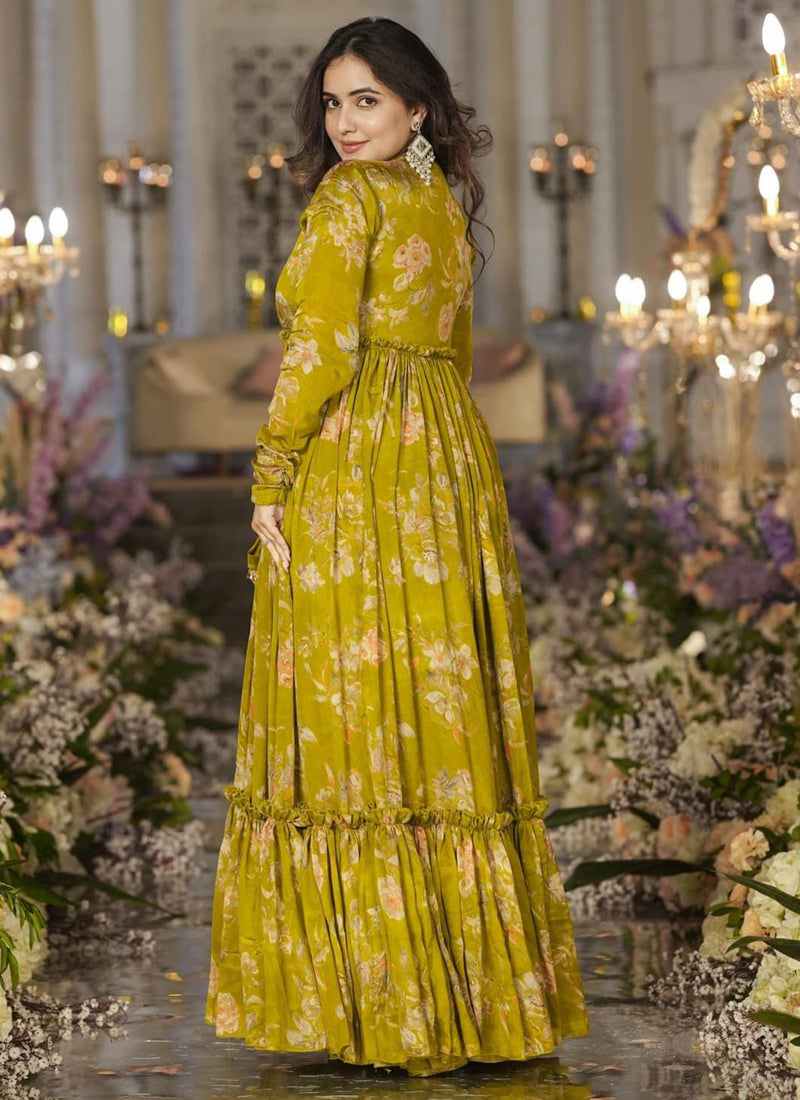 Vegaa Fashion Smith Green Chinon Silk Digital Print Palazzo With Shrug Indo Western Suit
